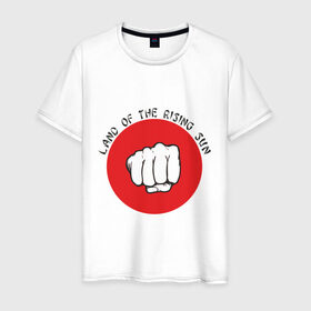 Мужская футболка хлопок с принтом Страна восходящего солнца в Белгороде, 100% хлопок | прямой крой, круглый вырез горловины, длина до линии бедер, слегка спущенное плечо. | Тематика изображения на принте: land of the rising sun | кулак | страна восходящего солнца | флаг японии | япония