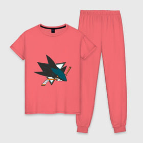 Женская пижама хлопок с принтом San Jose Sharks в Белгороде, 100% хлопок | брюки и футболка прямого кроя, без карманов, на брюках мягкая резинка на поясе и по низу штанин | национальная хоккейная лига | нхл | сан хосе шаркс