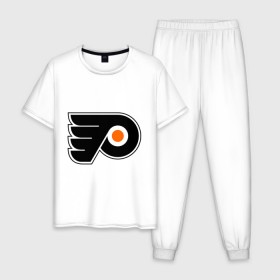 Мужская пижама хлопок с принтом Philadelphia Flyers в Белгороде, 100% хлопок | брюки и футболка прямого кроя, без карманов, на брюках мягкая резинка на поясе и по низу штанин
 | Тематика изображения на принте: hockey | nhl | национальная лига | нхл | филадельфия флаерс | хокей | хоккей