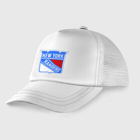 Детская кепка тракер с принтом New York Rangers в Белгороде, Козырек - 100% хлопок. Кепка - 100% полиэстер, Задняя часть - сетка | универсальный размер, пластиковая застёжка | new york rangers | nhl | национальная хоккейная лига | нью йорк рейнджерс | хоккей | хоккейная лига