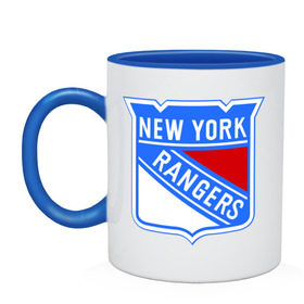 Кружка двухцветная с принтом New York Rangers в Белгороде, керамика | объем — 330 мл, диаметр — 80 мм. Цветная ручка и кайма сверху, в некоторых цветах — вся внутренняя часть | new york rangers | nhl | национальная хоккейная лига | нью йорк рейнджерс | хоккей | хоккейная лига