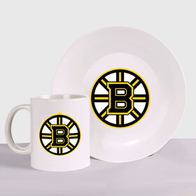 Набор: тарелка + кружка с принтом Boston Bruins в Белгороде, керамика | Кружка: объем — 330 мл, диаметр — 80 мм. Принт наносится на бока кружки, можно сделать два разных изображения. 
Тарелка: диаметр - 210 мм, диаметр для нанесения принта - 120 мм. | Тематика изображения на принте: нхл | хоккейная лига