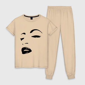 Женская пижама хлопок с принтом Лицо в Белгороде, 100% хлопок | брюки и футболка прямого кроя, без карманов, на брюках мягкая резинка на поясе и по низу штанин | глаза | губы | девушка | лицо