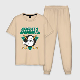 Мужская пижама хлопок с принтом Anaheim Mighty Ducks в Белгороде, 100% хлопок | брюки и футболка прямого кроя, без карманов, на брюках мягкая резинка на поясе и по низу штанин
 | anaheim mighty ducks | майти дакс | национальная лига калифорнии | хокей | хоккей