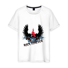 Мужская футболка хлопок с принтом Rock forever (2) в Белгороде, 100% хлопок | прямой крой, круглый вырез горловины, длина до линии бедер, слегка спущенное плечо. | крылья