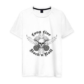 Мужская футболка хлопок с принтом Long Live Rock`n`Roll в Белгороде, 100% хлопок | прямой крой, круглый вырез горловины, длина до линии бедер, слегка спущенное плечо. | rock | rocknroll | гитары | рок | рок н ролл | череп | черепок | черепушка