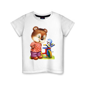 Детская футболка хлопок с принтом Медвежонок в Белгороде, 100% хлопок | круглый вырез горловины, полуприлегающий силуэт, длина до линии бедер | велосипед | медведь | медвеженок | медвежонок | птичка