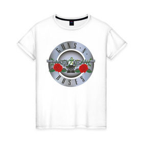 Женская футболка хлопок с принтом Guns`n`Roses в Белгороде, 100% хлопок | прямой крой, круглый вырез горловины, длина до линии бедер, слегка спущенное плечо | guns | gunsnroses | metall | rock | roses | метал | металл | рок