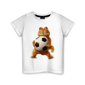 Детская футболка хлопок с принтом Гарфилд (3) в Белгороде, 100% хлопок | круглый вырез горловины, полуприлегающий силуэт, длина до линии бедер | Тематика изображения на принте: garfield | гарфилд | кот | коты | кошки | мульт | мультик | мульфильм | мяч | футбольный мяч
