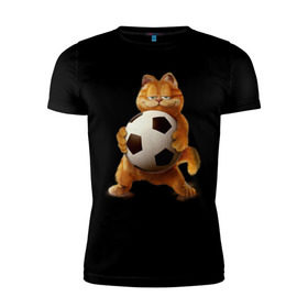 Мужская футболка премиум с принтом Гарфилд (3) в Белгороде, 92% хлопок, 8% лайкра | приталенный силуэт, круглый вырез ворота, длина до линии бедра, короткий рукав | garfield | гарфилд | кот | коты | кошки | мульт | мультик | мульфильм | мяч | футбольный мяч