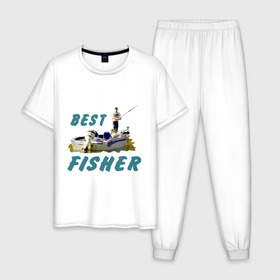 Мужская пижама хлопок с принтом Best fisher в Белгороде, 100% хлопок | брюки и футболка прямого кроя, без карманов, на брюках мягкая резинка на поясе и по низу штанин
 | клев | лодка | лучший рыбак | на рыбалке | ноживка | рыбак в лодке | рыбалка | удочка | улов