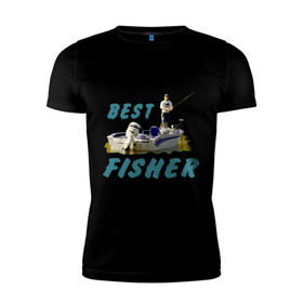 Мужская футболка премиум с принтом Best fisher в Белгороде, 92% хлопок, 8% лайкра | приталенный силуэт, круглый вырез ворота, длина до линии бедра, короткий рукав | клев | лодка | лучший рыбак | на рыбалке | ноживка | рыбак в лодке | рыбалка | удочка | улов