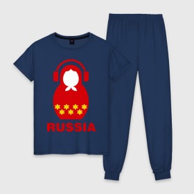 Женская пижама хлопок с принтом Russia dj в Белгороде, 100% хлопок | брюки и футболка прямого кроя, без карманов, на брюках мягкая резинка на поясе и по низу штанин | диджей | матрешка | наушники | россия