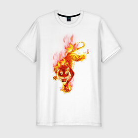 Мужская футболка премиум с принтом Тигр в огне в Белгороде, 92% хлопок, 8% лайкра | приталенный силуэт, круглый вырез ворота, длина до линии бедра, короткий рукав | животные | огонь | пламя | тигр в огне | тирг | хищники