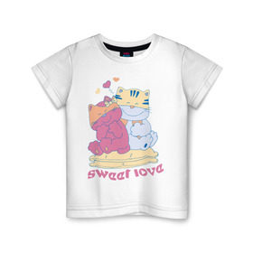 Детская футболка хлопок с принтом Sweer Love в Белгороде, 100% хлопок | круглый вырез горловины, полуприлегающий силуэт, длина до линии бедер | sweer love | кошки | любовь | сердечки | сладкая любовь