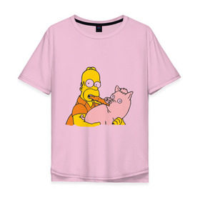Мужская футболка хлопок Oversize с принтом Гомер и свинья в Белгороде, 100% хлопок | свободный крой, круглый ворот, “спинка” длиннее передней части | Тематика изображения на принте: гомер