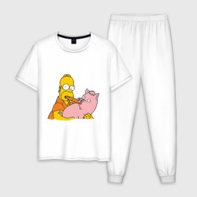 Мужская пижама хлопок с принтом Гомер и свинья в Белгороде, 100% хлопок | брюки и футболка прямого кроя, без карманов, на брюках мягкая резинка на поясе и по низу штанин
 | Тематика изображения на принте: гомер