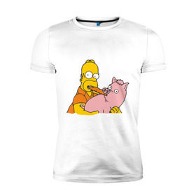 Мужская футболка премиум с принтом Гомер и свинья в Белгороде, 92% хлопок, 8% лайкра | приталенный силуэт, круглый вырез ворота, длина до линии бедра, короткий рукав | гомер