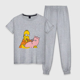 Женская пижама хлопок с принтом Гомер и свинья в Белгороде, 100% хлопок | брюки и футболка прямого кроя, без карманов, на брюках мягкая резинка на поясе и по низу штанин | гомер