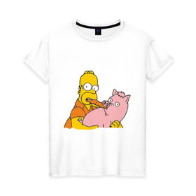 Женская футболка хлопок с принтом Гомер и свинья в Белгороде, 100% хлопок | прямой крой, круглый вырез горловины, длина до линии бедер, слегка спущенное плечо | гомер