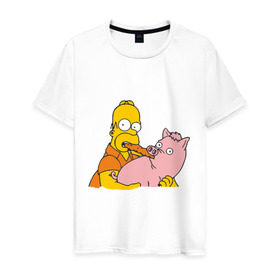 Мужская футболка хлопок с принтом Гомер и свинья в Белгороде, 100% хлопок | прямой крой, круглый вырез горловины, длина до линии бедер, слегка спущенное плечо. | Тематика изображения на принте: гомер