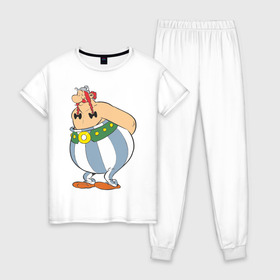 Женская пижама хлопок с принтом Обеликс в Белгороде, 100% хлопок | брюки и футболка прямого кроя, без карманов, на брюках мягкая резинка на поясе и по низу штанин | астерикс | астерикс и обеликс | обеликс
