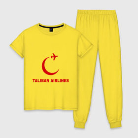 Женская пижама хлопок с принтом Taliban airlines (2) в Белгороде, 100% хлопок | брюки и футболка прямого кроя, без карманов, на брюках мягкая резинка на поясе и по низу штанин | airlines | taliban | авиалинии | полет | рейс | самолет | талибы
