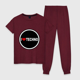 Женская пижама хлопок с принтом I love techno (2) в Белгороде, 100% хлопок | брюки и футболка прямого кроя, без карманов, на брюках мягкая резинка на поясе и по низу штанин | 