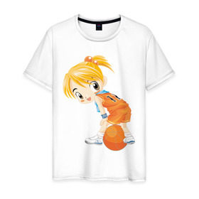 Мужская футболка хлопок с принтом Баскетболистка в Белгороде, 100% хлопок | прямой крой, круглый вырез горловины, длина до линии бедер, слегка спущенное плечо. | баскетбольный мяч | девочка баскетболистка