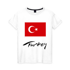 Женская футболка хлопок с принтом Turkey (2) в Белгороде, 100% хлопок | прямой крой, круглый вырез горловины, длина до линии бедер, слегка спущенное плечо | Тематика изображения на принте: turkey | алания | анталья | белек | отдых в турции | отпуск в турции | турецкий флаг | турция | флаг турции