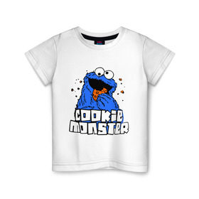 Детская футболка хлопок с принтом Cookie monster ест печеньку в Белгороде, 100% хлопок | круглый вырез горловины, полуприлегающий силуэт, длина до линии бедер | cookie monster | куки монстр | улица сезам