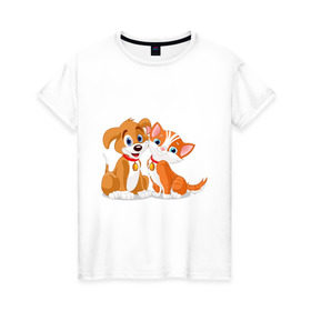 Женская футболка хлопок с принтом Щенок и котёнок в Белгороде, 100% хлопок | прямой крой, круглый вырез горловины, длина до линии бедер, слегка спущенное плечо | кот | котенок | котик | пес | щенок