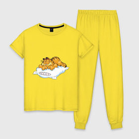 Женская пижама хлопок с принтом Гарфилд в Белгороде, 100% хлопок | брюки и футболка прямого кроя, без карманов, на брюках мягкая резинка на поясе и по низу штанин | garfield | гарфилд