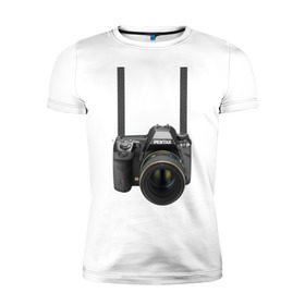 Мужская футболка премиум с принтом Фотоаппарат на шее в Белгороде, 92% хлопок, 8% лайкра | приталенный силуэт, круглый вырез ворота, длина до линии бедра, короткий рукав | прикольные | рисунок | турист | фотоаппарат