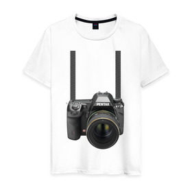 Мужская футболка хлопок с принтом Фотоаппарат на шее в Белгороде, 100% хлопок | прямой крой, круглый вырез горловины, длина до линии бедер, слегка спущенное плечо. | Тематика изображения на принте: прикольные | рисунок | турист | фотоаппарат