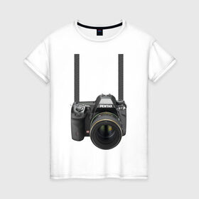 Женская футболка хлопок с принтом Фотоаппарат на шее в Белгороде, 100% хлопок | прямой крой, круглый вырез горловины, длина до линии бедер, слегка спущенное плечо | Тематика изображения на принте: прикольные | рисунок | турист | фотоаппарат