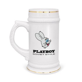 Кружка пивная с принтом Playboy soviet style в Белгороде,  керамика (Материал выдерживает высокую температуру, стоит избегать резкого перепада температур) |  объем 630 мл | Тематика изображения на принте: playboy | зайчик | зайчонок | заяц | плейбой | плэйбой