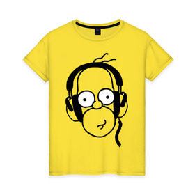 Женская футболка хлопок с принтом Гомер и музыка в Белгороде, 100% хлопок | прямой крой, круглый вырез горловины, длина до линии бедер, слегка спущенное плечо | гомер