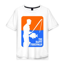 Мужская футболка хлопок Oversize с принтом Счастливый рыбак в Белгороде, 100% хлопок | свободный крой, круглый ворот, “спинка” длиннее передней части | Тематика изображения на принте: fishenman | happy | рыба | рыбалка | счастье
