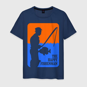 Мужская футболка хлопок с принтом Счастливый рыбак в Белгороде, 100% хлопок | прямой крой, круглый вырез горловины, длина до линии бедер, слегка спущенное плечо. | fishenman | happy | рыба | рыбалка | счастье