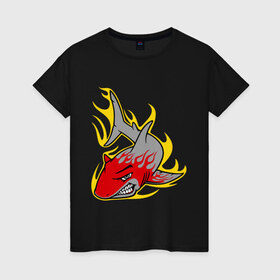 Женская футболка хлопок с принтом Свирепая акула в Белгороде, 100% хлопок | прямой крой, круглый вырез горловины, длина до линии бедер, слегка спущенное плечо | огонь | свирепая акула | хищник
