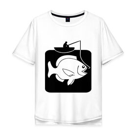 Мужская футболка хлопок Oversize с принтом Рыбак и большая рыба в Белгороде, 100% хлопок | свободный крой, круглый ворот, “спинка” длиннее передней части | Тематика изображения на принте: лодка | прикольные | рисунок | рыба | рыбак | рыбалка