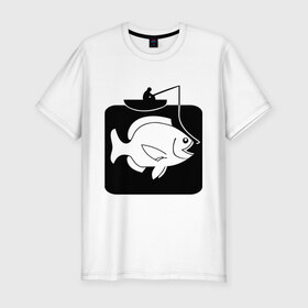 Мужская футболка премиум с принтом Рыбак и большая рыба в Белгороде, 92% хлопок, 8% лайкра | приталенный силуэт, круглый вырез ворота, длина до линии бедра, короткий рукав | Тематика изображения на принте: лодка | прикольные | рисунок | рыба | рыбак | рыбалка