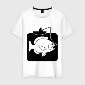 Мужская футболка хлопок с принтом Рыбак и большая рыба в Белгороде, 100% хлопок | прямой крой, круглый вырез горловины, длина до линии бедер, слегка спущенное плечо. | лодка | прикольные | рисунок | рыба | рыбак | рыбалка
