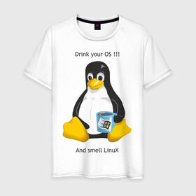 Мужская футболка хлопок с принтом Drink your OS And smell Linux в Белгороде, 100% хлопок | прямой крой, круглый вырез горловины, длина до линии бедер, слегка спущенное плечо. | Тематика изображения на принте: пингвин
