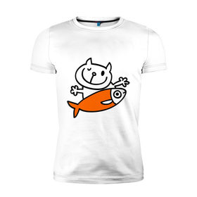 Мужская футболка премиум с принтом Кот и большая рыба в Белгороде, 92% хлопок, 8% лайкра | приталенный силуэт, круглый вырез ворота, длина до линии бедра, короткий рукав | Тематика изображения на принте: довольный кот | кот | коты | котя | рыба | сытый кот