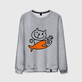 Мужской свитшот хлопок с принтом Кот и большая рыба в Белгороде, 100% хлопок |  | довольный кот | кот | коты | котя | рыба | сытый кот