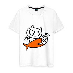 Мужская футболка хлопок с принтом Кот и большая рыба в Белгороде, 100% хлопок | прямой крой, круглый вырез горловины, длина до линии бедер, слегка спущенное плечо. | довольный кот | кот | коты | котя | рыба | сытый кот