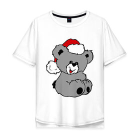 Мужская футболка хлопок Oversize с принтом Милый медведь в шапочке в Белгороде, 100% хлопок | свободный крой, круглый ворот, “спинка” длиннее передней части | Тематика изображения на принте: медвежонок | медеведь | мишка | мишутка | шапка | шапочка