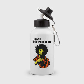 Бутылка спортивная с принтом Jimi Hendrix in a red t-shirt в Белгороде, металл | емкость — 500 мл, в комплекте две пластиковые крышки и карабин для крепления | jimi hendrix in a red | rock | джими хендрикс | рок